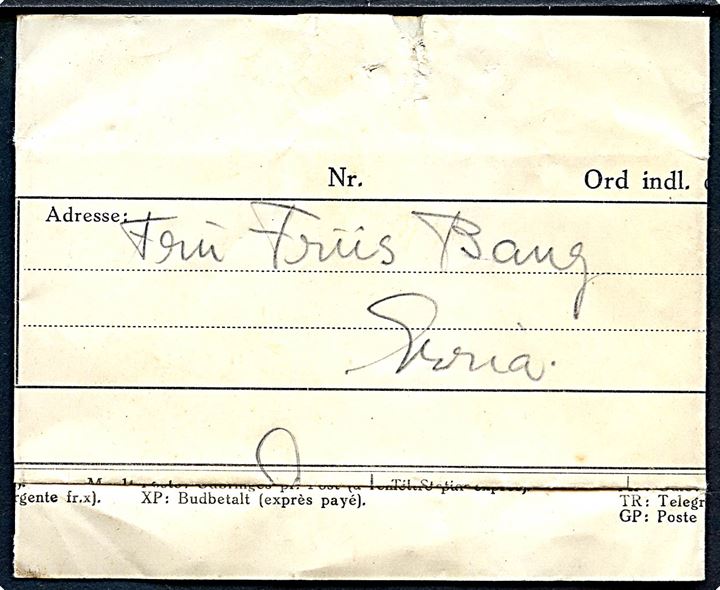 Radiotelegram formular R. Form. Nr. 2 (15/5 30) medtaget ombord på M/S Erria d. 2.8.1932.