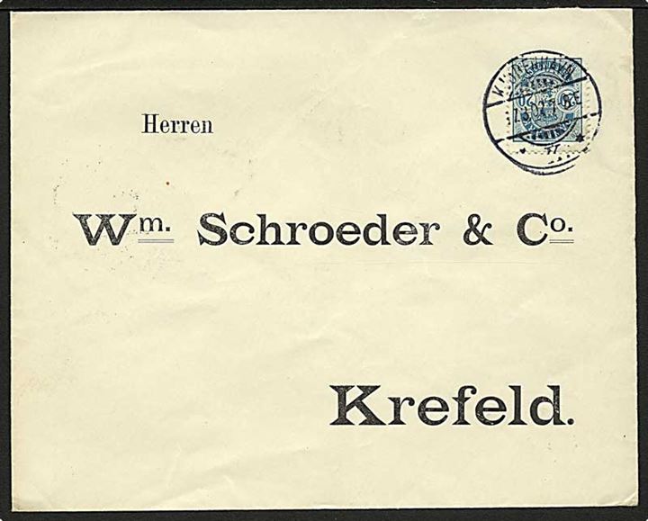 20 øre Våben på brev fra Kjøbenhavn K. d. 17.3.1902 til Krefeld, Tyskland.
