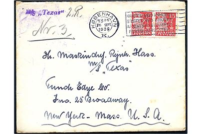 15 øre Karavel (2) på brev fra København d. 26.9.1939 til sømand ombord på M/S Texas i New York, USA. Ank.stemplet med violet skibsstempel: M/S Texas.