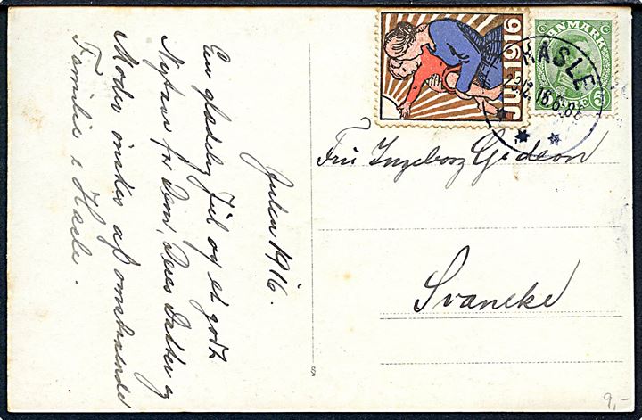 5 øre Chr. og Julemærke 1916 på brevkort (Familie i have) annulleret med brotype IIIb Hasle d. 23.12.1916 til Svaneke.