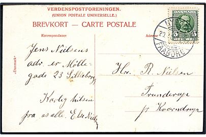 5 øre Fr. VIII på brevkort annulleret med bureaustempel Nyborg - Faaborg T.32 d. 20.?.1908 til Trunderup pr. Kværndrup.
