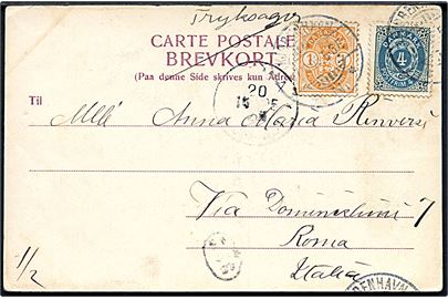 1 øre Våben og 4 øre Tofarvet på brevkort (Christiansborg slot og Fr. VII's statue) sendt som tryksag fra Kjøbenhavn d. 15.10.1905 til Rom, Italien.
