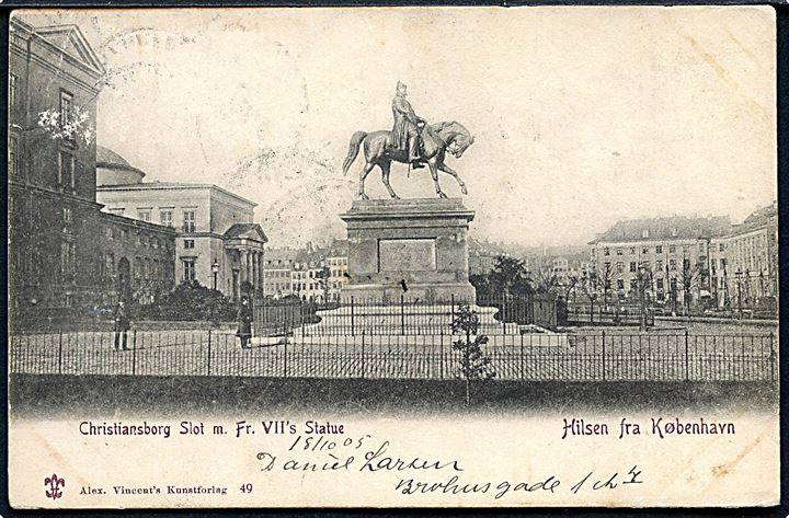 1 øre Våben og 4 øre Tofarvet på brevkort (Christiansborg slot og Fr. VII's statue) sendt som tryksag fra Kjøbenhavn d. 15.10.1905 til Rom, Italien.