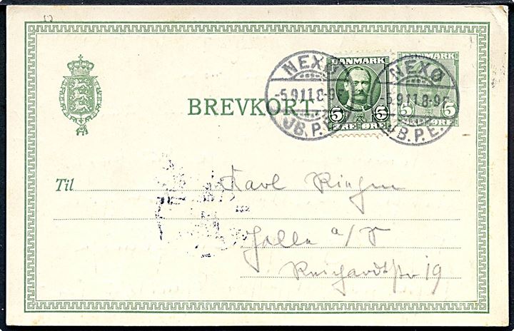 5 øre Fr. VIII helsagsbrevkort opfrankeret med 5 øre Fr. VIII annulleret Nexø JB.P.E. d. 5.9.1911 til Halle, Tyskland.