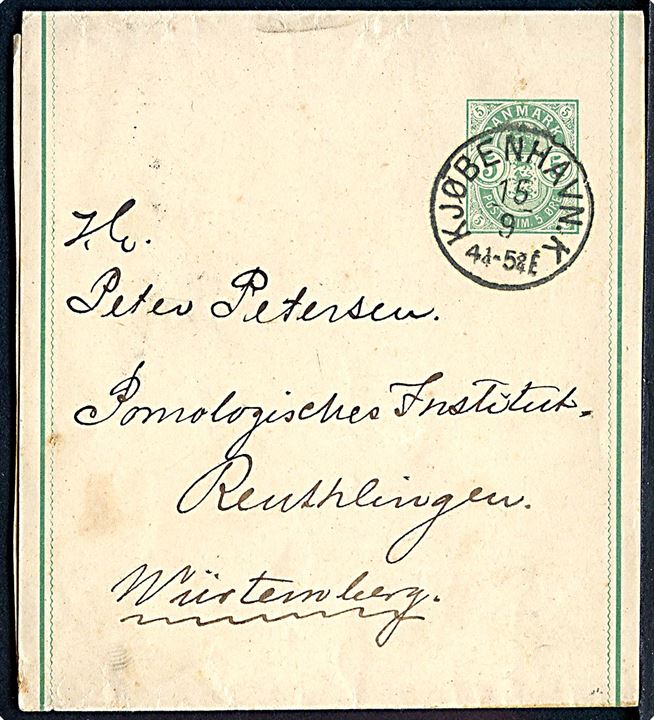 5 øre Våben helsagskorsbånd annulleret med lapidar Kjøbenhavn d. 15.9.1891 til Reuthlingen, Württemberg, Tyskland.