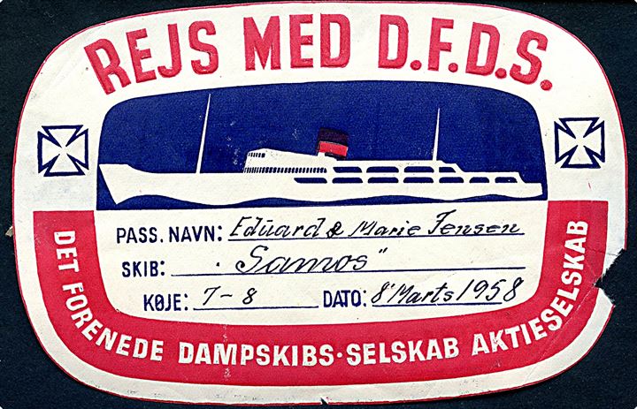 DFDS bagage mærkat anvendt af passager ombord på M/S Samos d. 8.3.1958. Har været opklæbet.