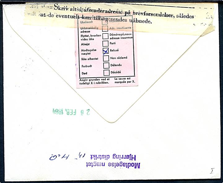 Ufrankeret brev fra Hirtshals d. 22.2.1964 til Hjørring. Udtakseret i porto med 35 øre Fr. IX i parstykke anvendt som portomærke og annulleret Porto at Betale. Retur som modtagelse nægtet via Returpostkontorets brevåbningsfunktion hvor portomærker er annulleret og afsender i Hirtshals fundet. Atter udtakseret i porto med 35 øre Niels Bohr i parstykke anvendt som portomærke stemplet Hirtshals d. 29.2.1964 (Skuddag).