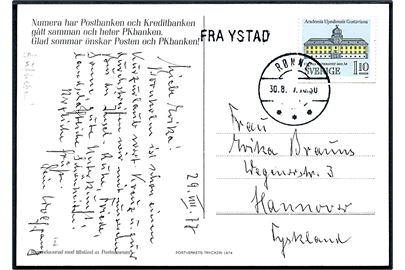 Svensk 1,10 kr. på brevkort annulleret Rønne d. 30.8.1977 og sidestemplet Fra Ystad til Hannover, Tyskland.