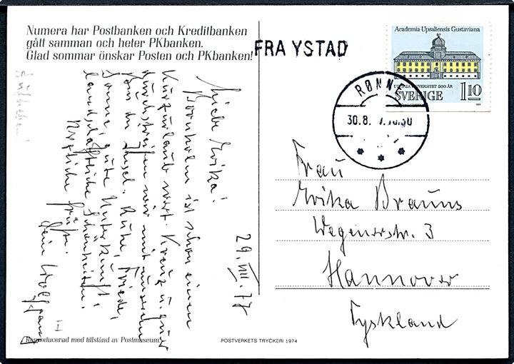 Svensk 1,10 kr. på brevkort annulleret Rønne d. 30.8.1977 og sidestemplet Fra Ystad til Hannover, Tyskland.