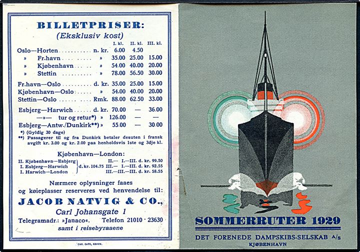 DFDS Sommerruter 1929. Lille illustreret rute og prisliste.