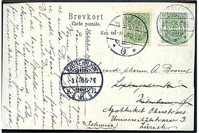 5 øre Våben på brevkort fra Holstebro d. 231.12.1905 til København. Privat opfrankeret til udlandstakst med 5 øre Våben stemplet Kjøbenhavn d. 3.1.1906 og eftersendt til Zürich, Schweiz.