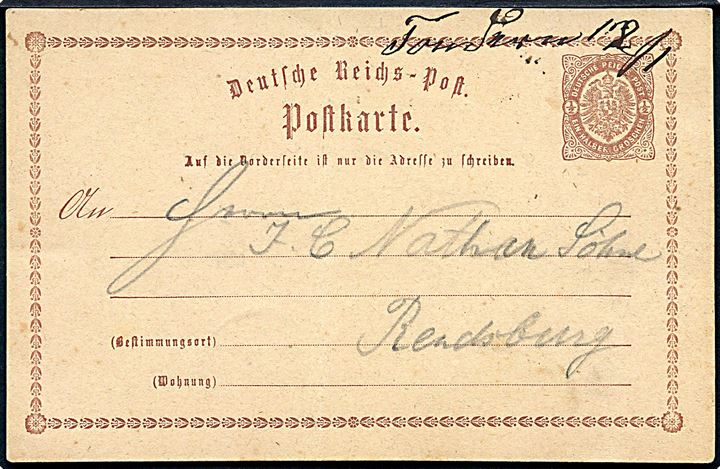 ½ gr. helsagsbrevkort annulleret med håndskrevet Tondern 12/1 (1875) til Rendsburg. 