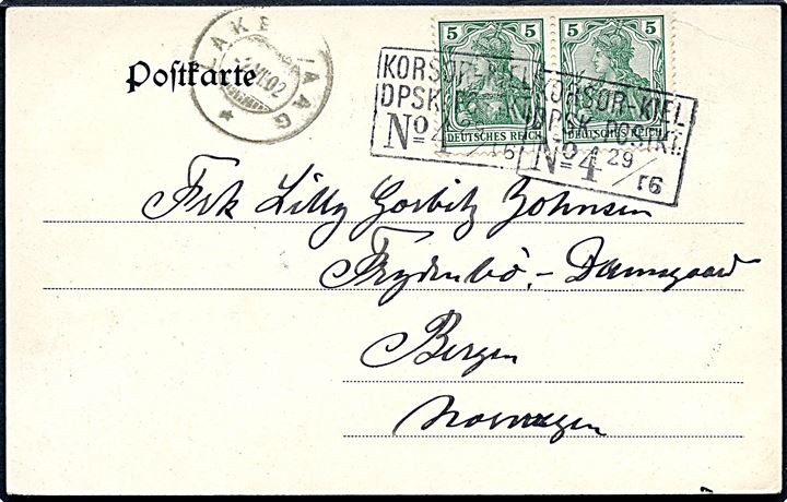 5 pfg. Germania (2) på brevkort (Gruss vom Postdampfer Kiel-Korsör) annulleret med skibsstempel KORSØR-KIEL DPSK:POSTKT: No. 4 d. 29.6.1902 til Frydenbø-Damsgaard, Bergen, Norge. Ank.stemplet i Laksevaag d. 2.7.1902.