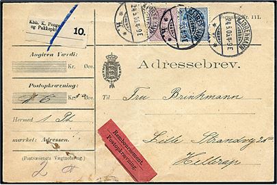 15 øre og 20 øre Våben på adressebrev for pakke med opkrævning fra Kjøbenhavn d. 24.5.1905 til Hellerup.