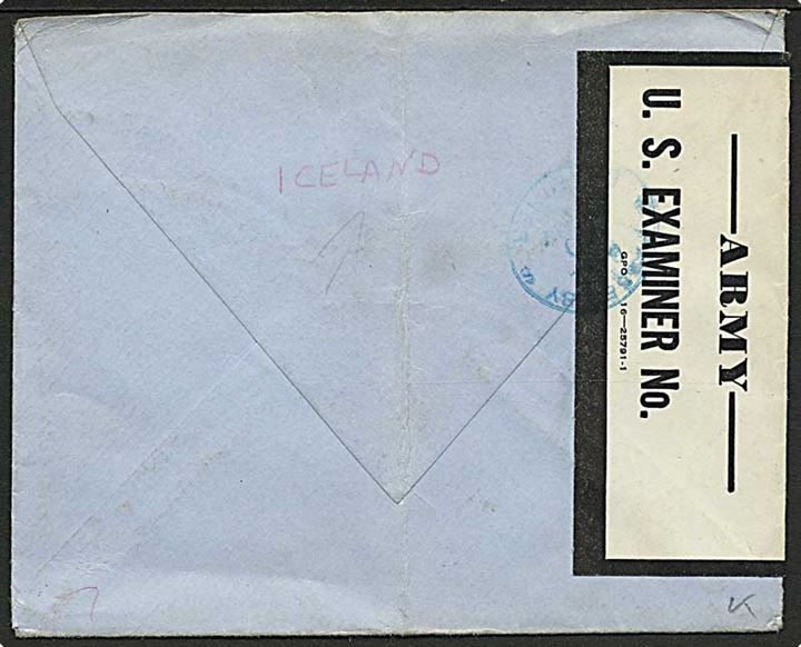 6 cents frankeret amerikansk feltpostbrev stemplet U.S.Army Postal Service APO 860 d. 15.5.1942 til Kendal, England. Fra soldat ved Battery G, 61st Coastal Artillery (Anti Aircraft) ved APO 860 (= Reykjavik, Island). Rødt unit censor No. 608 og åbnet af base censor no. 60 med papir banderole. Fold.