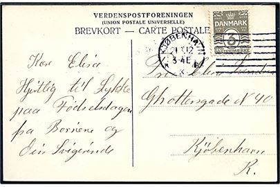 3 øre Bølgelinie på lokalt brevkort annulleret med Universal forsøgsmaskinstempel Kjøbenhavn KKB d. 21.8.1912. Aftryk fra 2. forsøgsperiode d. 30.7.-31.8.1912.