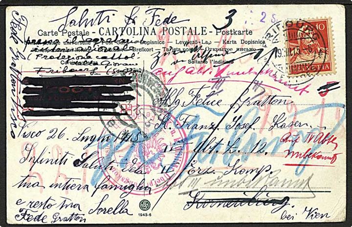 10 c. Tell på brevkort fra Fribourg d. 19.8.1915 til militæradresse i Korneuburg, Østrig. Returneret til som ubekendt. Censureret i Feldkirch.
