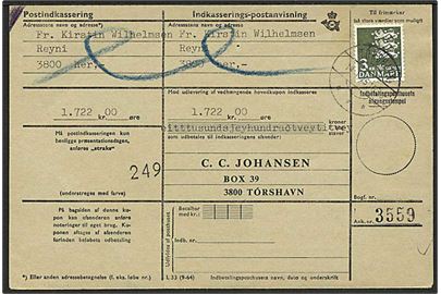 3 kr. Rigsvåben single på retur Indkasserings-Postanvisning i Tórshavn d. 14.1.1975.