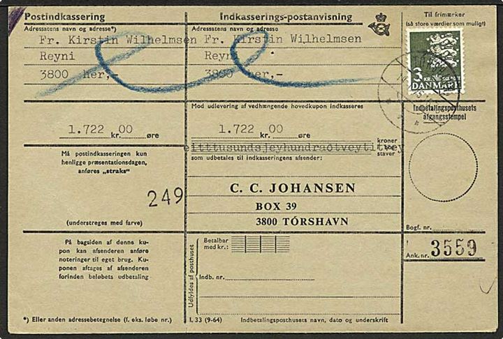 3 kr. Rigsvåben single på retur Indkasserings-Postanvisning i Tórshavn d. 14.1.1975.