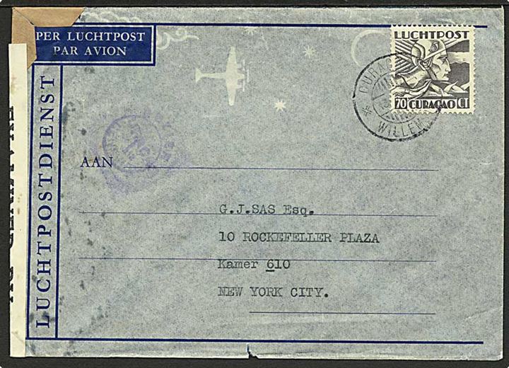 Curacao. 70 c. Luftpost single på luftpostbrev fra Willemstaat d. 13.7.1942 til New York. Både hollandsk og amerikansk censur.