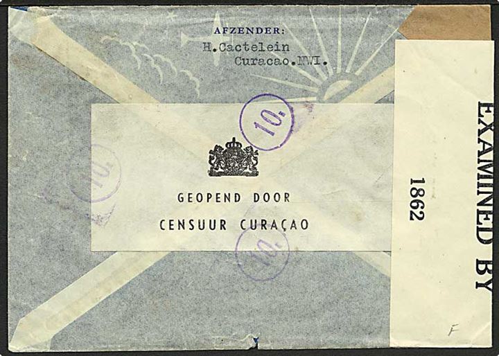 Curacao. 70 c. Luftpost single på luftpostbrev fra Willemstaat d. 13.7.1942 til New York. Både hollandsk og amerikansk censur.