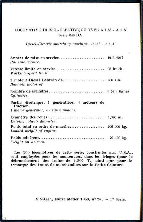 Fransk lokomotiv A1A no. 040DA. SNCF no. 24. Samle kort uden adresselinier.