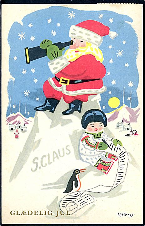 Ely Gross: Glædelig Jul. Julemanden med kikkert. Stenders , serie 609 - 28. 