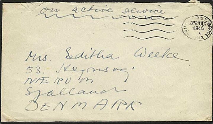 Ufrankeret britisk OAS feltpostbrev stemplet Army Post Office 432 (= Hamburg) d. 26.7.1946 til Nærum, Danmark. Fra dansk censor ved 3 DCS (3rd District Censorship Station), BAOR i Tyskland. 