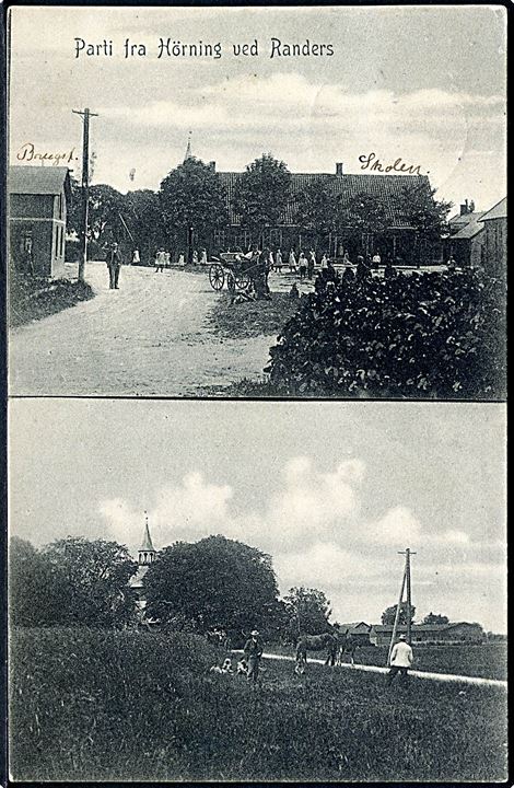 Parti fra Hørning ved Randers. F. C. Madsen u/no. Frankeret med 5 øre Fr. VIII annulleret brotype Ia Volk Mølle d. 23.7.1908.
