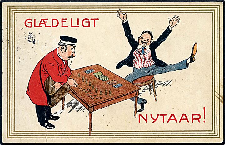 Alfred Schmidt: Glædeligt Nytaar. Postbud og penge på bordet. Stenders u/no. (Knæk. Afrevet mærke). 