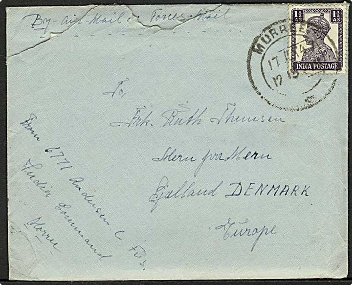 Indisk 1½ As. på Forces Air Mail brev stemplet Murree d. 17.7.1947 til Mern, Danmark. Fra dansk frivillig soldat i den britiske hær i Indien. Med indhold.