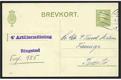 15 øre Chr. X helsagsbrevkort (fabr. 160) fra Ringsted d. 6.3.1947 til Præstø. Fra 4. Artilleriafdeling.