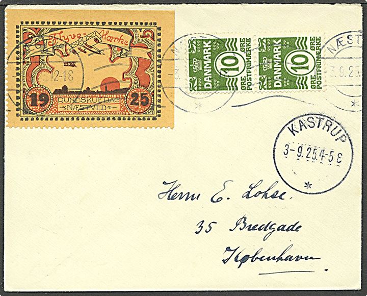 10 øre Bølgelinie i parstykke og 50 øre Flyvemærke fra Rundskuedag 1925 på brev fra Næstved d. 3.9.1925 via Kastrup til København.