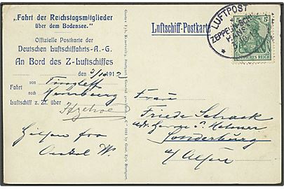 5 pfg. Germania på Luftschiff-Postkarte annulleret med ovalt stempel Luftpost Zeppelin-Schiff Hansa d. 3.10. 1912 til Sønderborg. Fra LZ13 “Hansa”s flyvning fra Tinglev til Hamburg, skrevet mens luftskibet var over Itzehoe. Sjælden sønderjysk Zeppelinpost. 