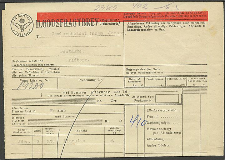 Ilgodsfragtbrev med 10 øre og 200 øre (parstykke) DSB fragtmærker annulleret med rammestempel fra Hjørring d. 31.7.1947 til Jamboréholdet, restante, Padborg.