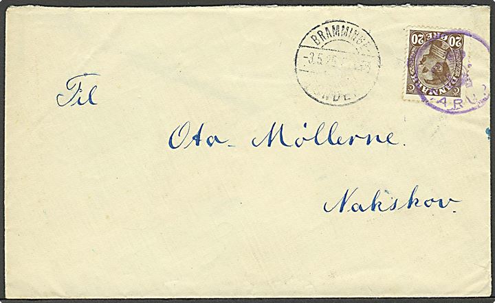20 øre Chr. X på brev annulleret med posthornstempel FARUP og sidestemplet Bramminge - Tønder T.459 d. 3.5.1925 til Nakskov. 