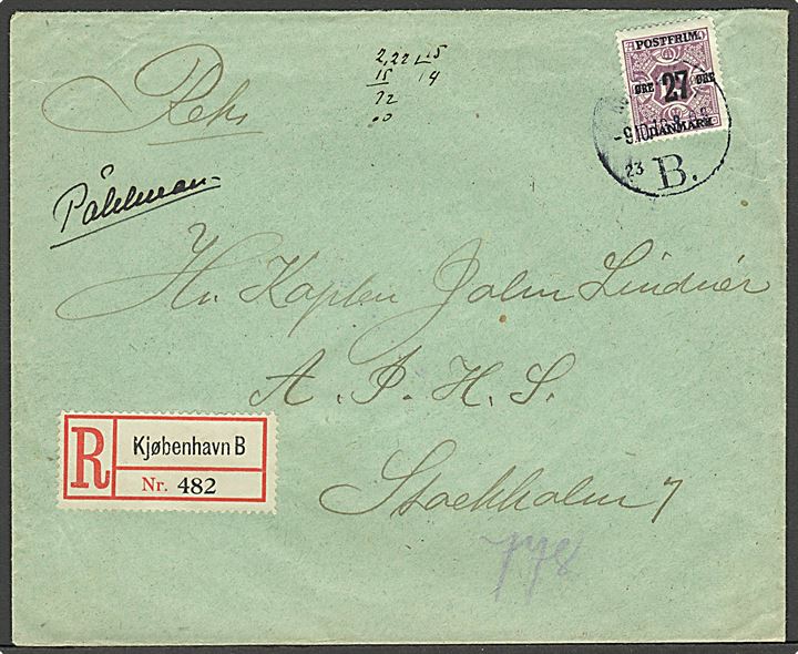 27/10 øre Provisorium single på anbefalet brev fra Kjøbenhavn B. d. 9.10.1918 til Stockholm, Sverige.
