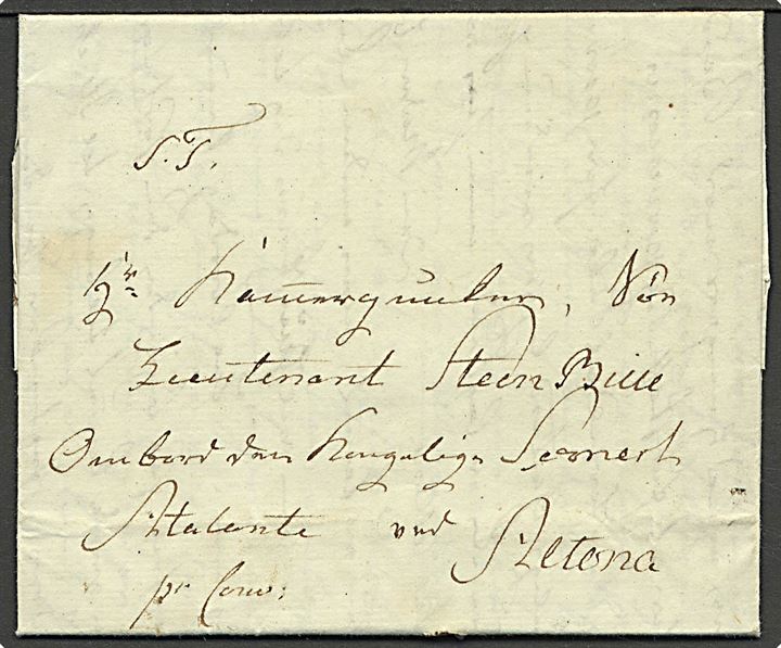 1823. Brev dateret København d. 17.6.1823 fra Admiral Bille til søn ombord på flådeskonnerten Atalante ved Altona. Påskrevet: pr. Couw. (Per Couvert).