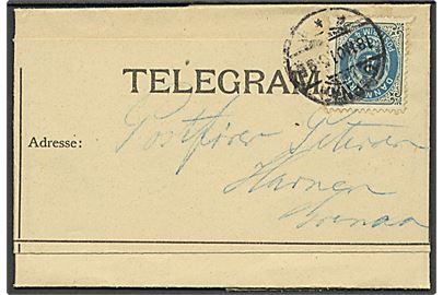 4 øre Tofarvet omv. ramme som lokalporto på telegram fra Anholt stemplet Grenaa d. 18.11.1901 til Postfører Petersen, Havnen, Grenaa.