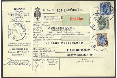 40 øre, 1 kr. og 2 kr. Chr. X på 3,40 kr. frankeret internationalt adressekort for ilpakke fra Kjøbenhavn 8 (Frihavnen) d. 12.10.1923 til Stockholm, Sverige.