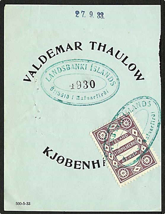 40 aur stempelmærke på del af regning annulleret med ovalt stempel i Hafnarfjord d. 27.9.1933.