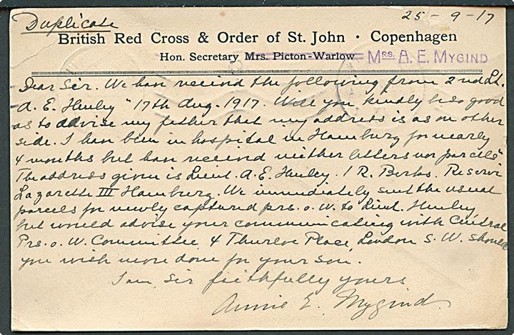 Ufrankeret fortrykt krigsfange brevkort fra British Red Cross & Order of St. John i Kjøbenhavn d. 3.10. 1917 til London, England. Liniestempel: Kriegsgefangenen Sendung og på bagsiden påskrevet: Duplicate.