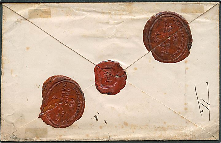 1864. Franco værdibrev med antiqua stempel Kbh. Nørb. Exp. d. 26.7.1864 til menig ved 18. Regiment, Feltpost 1, Fyen. Påskrevet 10 sk. betalt. På bagsiden laksegl fra Nørrebros Postexpedition.