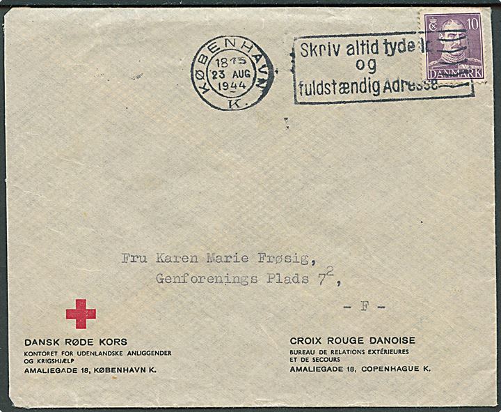 10 øre Chr. X på Røde Kors lokalbrev i København d. 23.8.1944 med meddelelse via det Internationale Røde Kors med hilsen fra sømand ombord på det danske skib S/S Thyra S. i allieret tjeneste. Sjælden forsendelse.