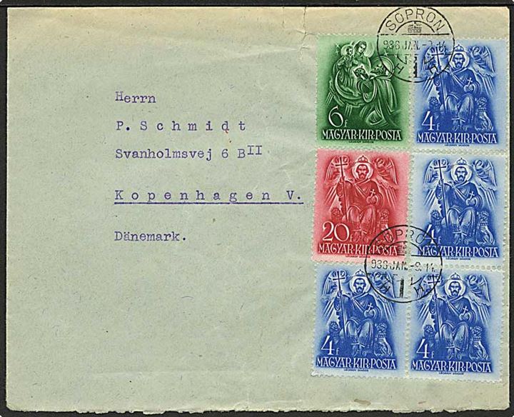 42 f. blandingsfrankeret brev fra Sopron d. 9.1.1938 til København, Danmark.