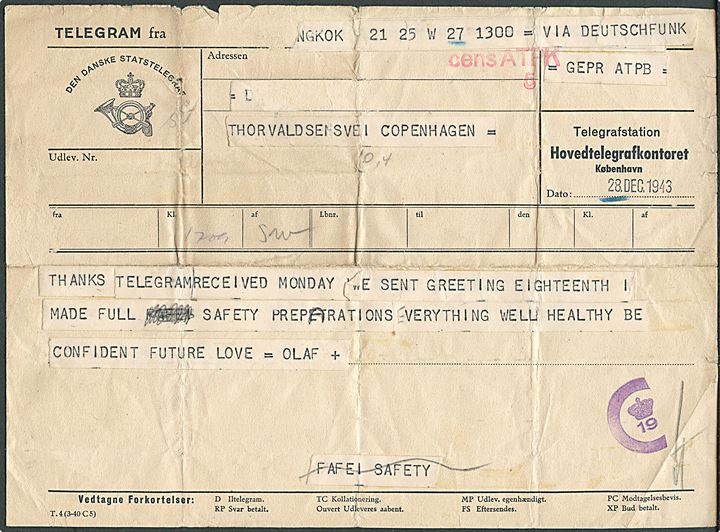Telegram fra Hovedtelegrafkontoret i København d. 28. 12.1943 med meddelelse fra Bangkok, Thailand. Violet telegramcensur C19 og rød CensATPK5. Sjælden. 