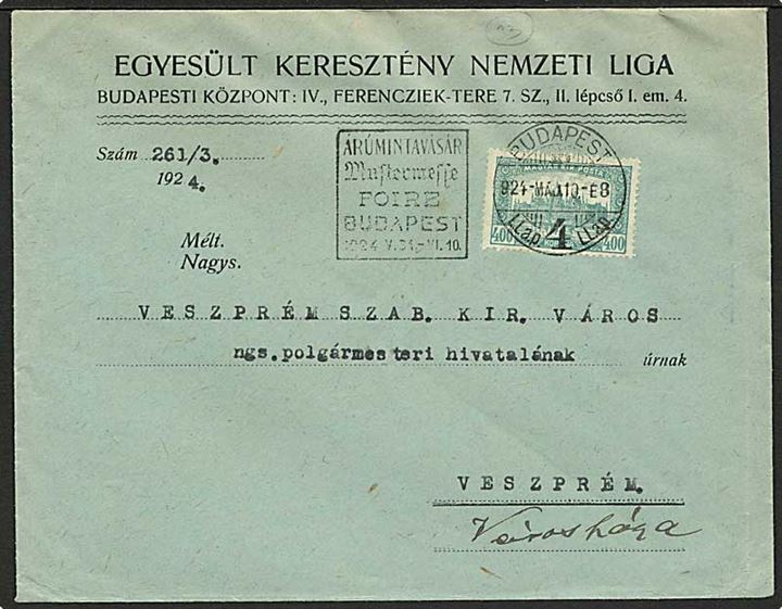 400 kr. Parlament single på infla brev fra Budapest d. 10.5.1924 til Veszprem.