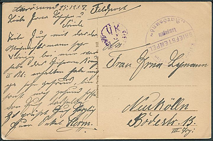 Ufrankeret feltpostkort dateret i Aarösund d. 25.12.1917 til Neukölln. Violet stempel: Kaiserlische Marine / Briefstempel / Kompagnie / “Aarösund” og lille censurstensur: ÜK Hadersleben.
