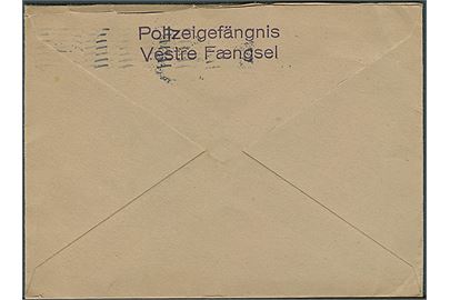 10 øre Chr. X single på lokalbrev i København d. 23.1.1945. På bagsiden tysksproget afsenderstempel: Polizeigefängnis Vestre Fængsel. Uden indhold.