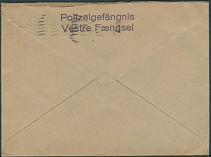 10 øre Chr. X single på lokalbrev i København d. 23.1.1945. På bagsiden tysksproget afsenderstempel: Polizeigefängnis Vestre Fængsel. Uden indhold.